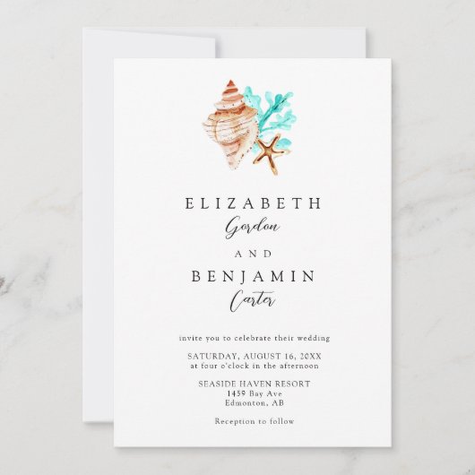 Elegant Coastal Seashell Watercolor Beach Wedding Kaart (Voorkant)