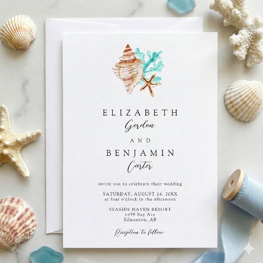 Elegant Coastal Seashell Watercolor Beach Wedding Kaart