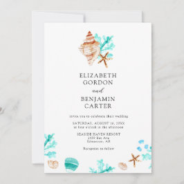 Elegant Coastal Seashell Watercolor Beach Wedding Kaart