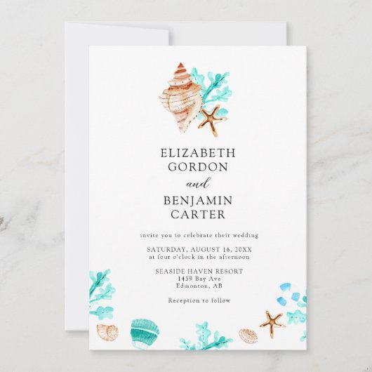Elegant Coastal Seashell Watercolor Beach Wedding Kaart (Voorkant)