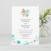 Elegant Coastal Seashell Watercolor Beach Wedding Kaart (Staand voorkant)