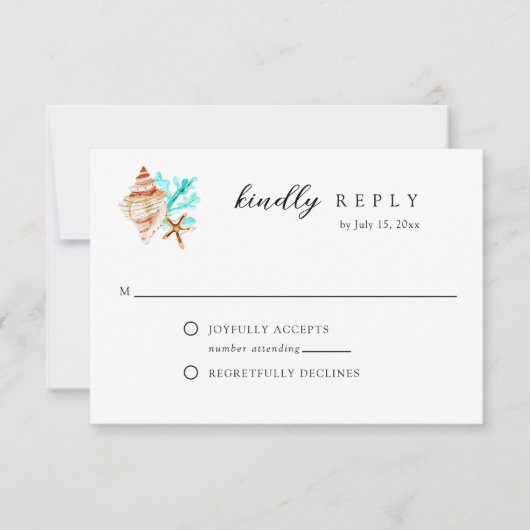 Elegant Coastal Seashell Watercolor Beach Wedding RSVP Kaartje (Voorkant)