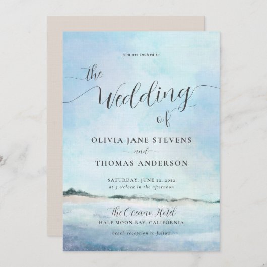 Elegant Coastal Waterverf Elopement Beach Wedding Kaart (Voorkant / Achterkant)