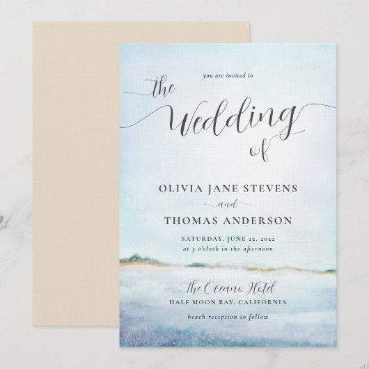 Elegant Coastal Waterverf Summer Beach Wedding Kaart (Voorkant / Achterkant)