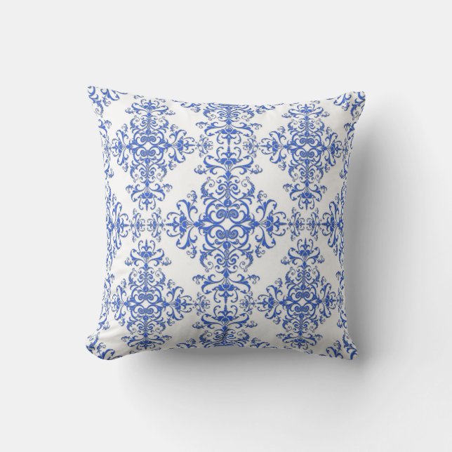 Elegant Cobalt Blue en White Floral Style Damask Kussen (Voorkant)