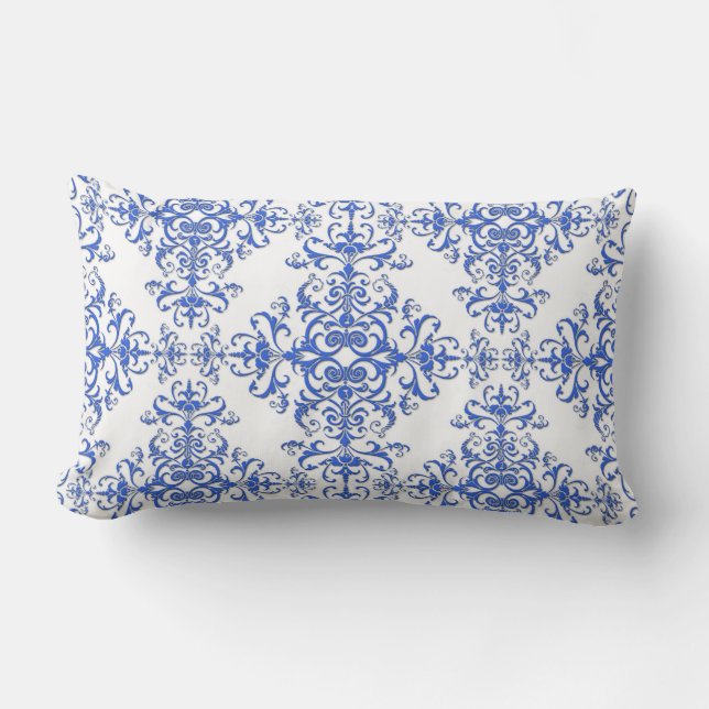 Elegant Cobalt Blue en White Floral Style Damask Kussen (Voorkant)
