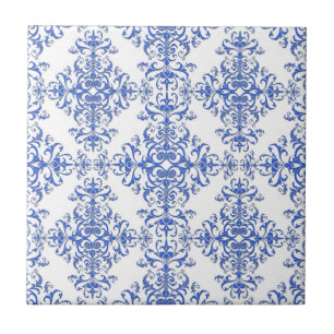 Elegant Cobalt Blue en White Floral Style Damask Tegeltje