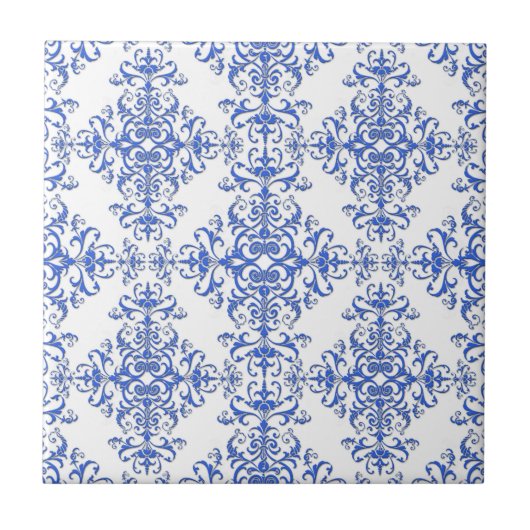 Elegant Cobalt Blue en White Floral Style Damask Tegeltje (Voorkant)