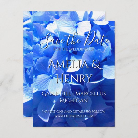 Elegant cobalt blue floral elegant blue hydrangea  save the date (Voorkant / Achterkant)