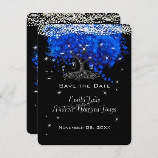 Elegant Cobalt Blue Heart Leaf Tree Save the Date Kaart (Voorkant / Achterkant)