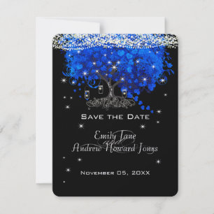Elegant Cobalt Blue Heart Leaf Tree Save the Date Kaart
