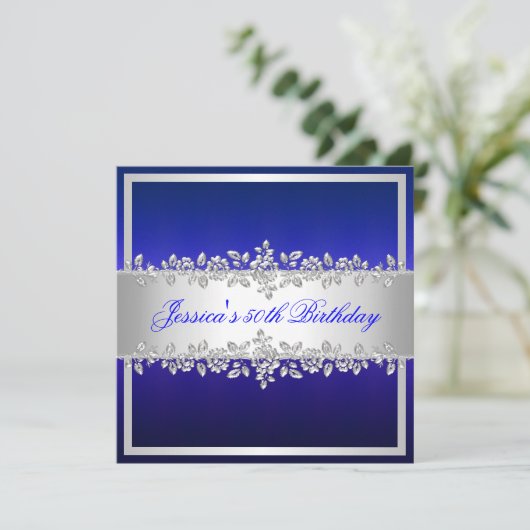 Elegant Cobalt Blue Silver Rozen Birthday Party Kaart (Staand voorkant)