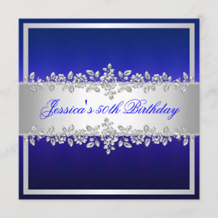 Elegant Cobalt Blue Silver Rozen Birthday Party Kaart