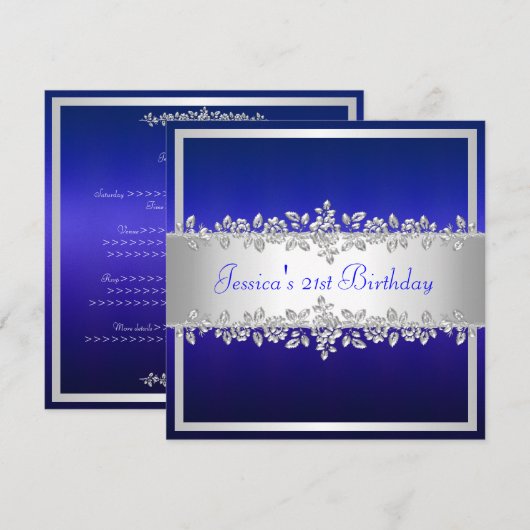 Elegant Cobalt Blue Silver Rozen Birthday Party Kaart (Voorkant / Achterkant)