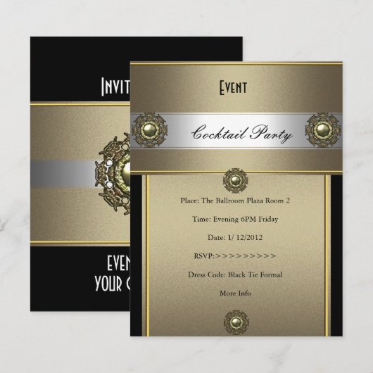 Elegant Cocktailparty Zwart Zilver Brons Kaart (Voorkant / Achterkant)
