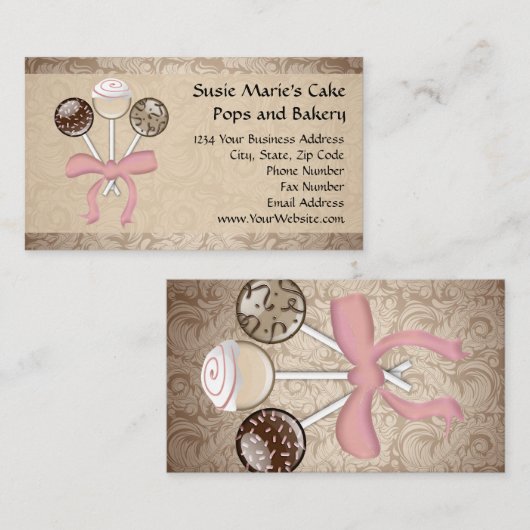 Elegant Cocoa Damask Cake Pop Bakery Visitekaartje (Voorkant / Achterkant)
