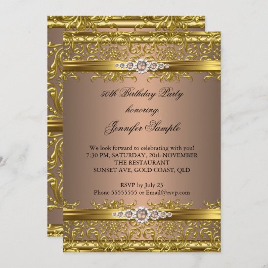 Elegant Coffee Brown Gold Damask Diamond Birthday Kaart (Voorkant / Achterkant)