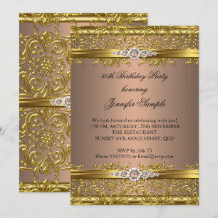 Elegant Coffee Brown Gold Damask Diamond Birthday Kaart