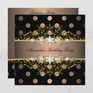 Elegant Coffee Gold Black Polka Dot Birthday Party Kaart