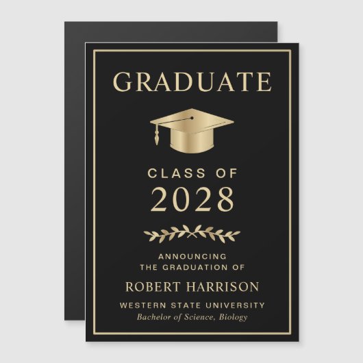Elegant College Black Gold Afstuderen Magnetische Uitnodiging (Voorkant / Achterkant)