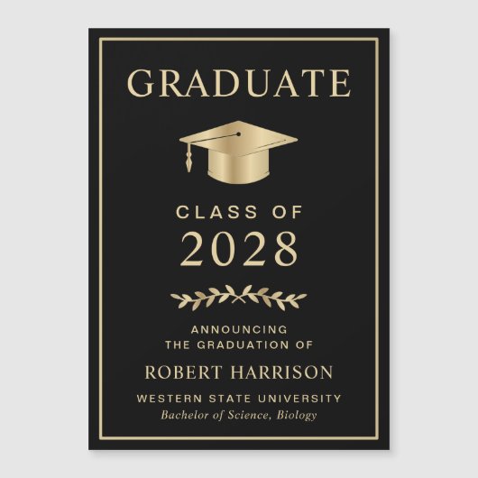 Elegant College Black Gold Afstuderen Magnetische Uitnodiging (Voorkant)