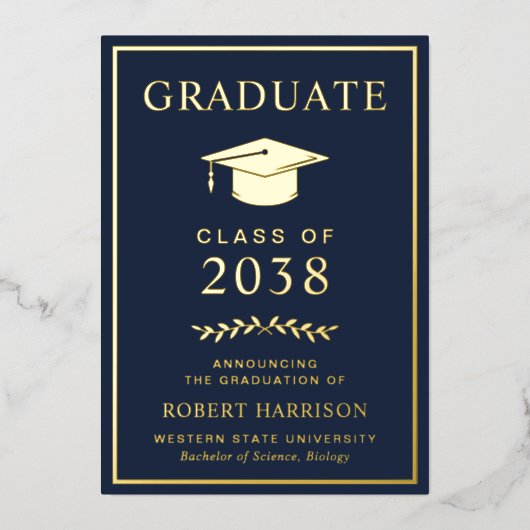 Elegant College Blue Folie Afstuderen Aankondiging (Voorkant)