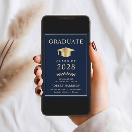 Elegant College Blue Gold Afstuderen Aankondiging