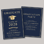 Elegant College Blue Gold Graduation Party Kaart<br><div class="desc">Een elegante donkerblauwe universitaire aankondiging en partijuitnodiging met een gouddegraduatiemap en eenvoudige moderne goudtypografie voor de naam van de afgestudeerde,  het klassejaar,  de universiteit of de universiteit,  de graad en de grote of de eer. Aan de achterkant,  voeg de details van het afstuderen toe.</div>