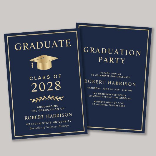 Elegant College Blue Gold Graduation Party Kaart