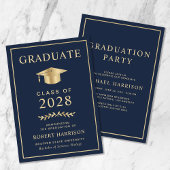 Elegant College Blue Gold Graduation Party Kaart