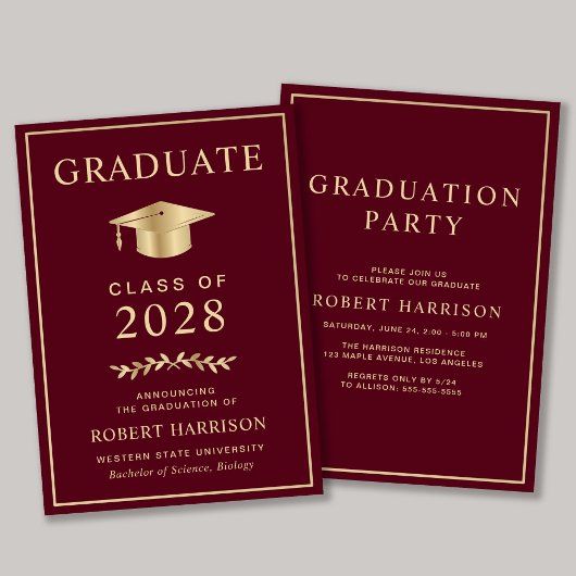 Elegant College Burgundy Gold Graduation Party Kaart