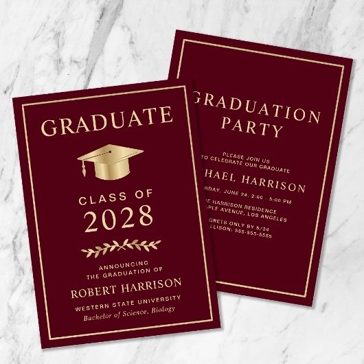 Elegant College Burgundy Gold Graduation Party Kaart