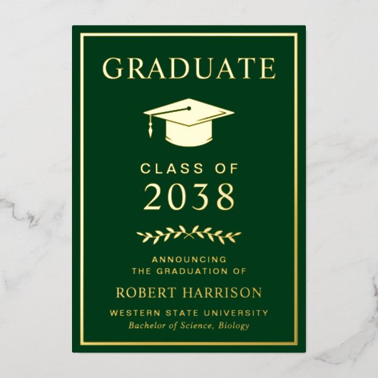 Elegant College Green Afstuderen Folie Aankondigin Folie Uitnodiging (Voorkant)