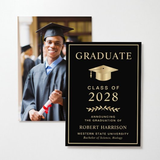 Elegant College Photo Black Gold Afstuderen Aankondiging