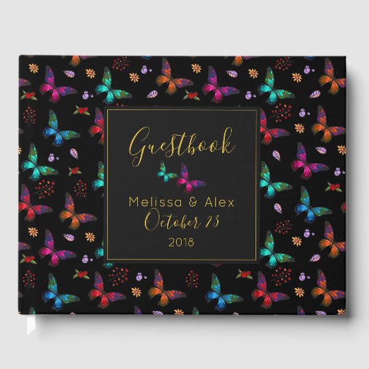 Elegant Colorful Butterflies op Black Wedding Gastenboek (Voorkant)