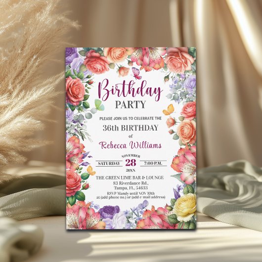 Elegant Colorful Floral 36th Birthday Party Kaart