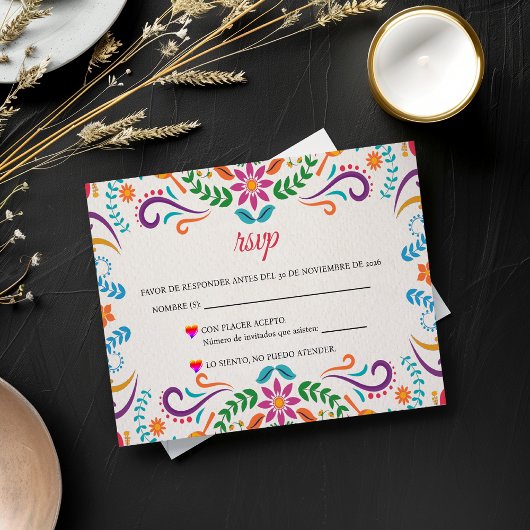 Elegant Colorful Floral Fiesta Spanish Wedding RSVP Kaartje