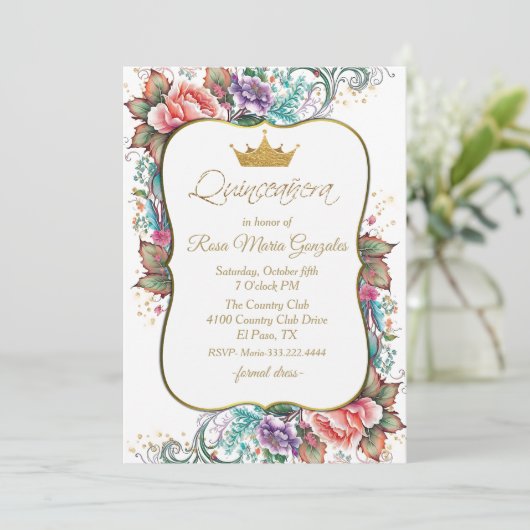 Elegant Colorful Floral Quinceañera Birthday Kaart (Staand voorkant)