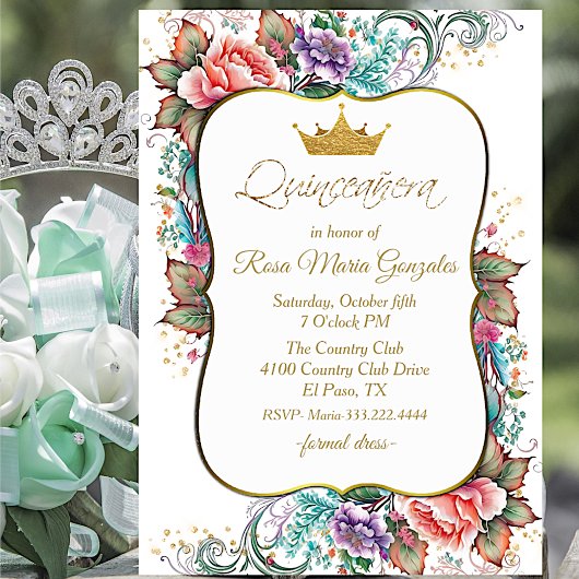 Elegant Colorful Floral Quinceañera Birthday Kaart