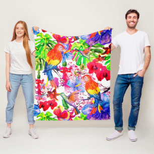 Elegant Colorful Flowers and Parrot Bird Fleece Deken