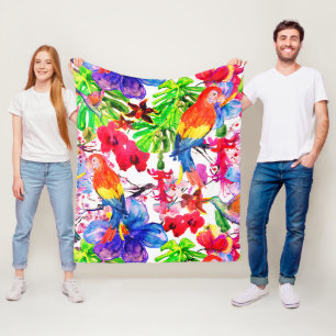 Elegant Colorful Flowers and Parrot Bird Fleece Deken