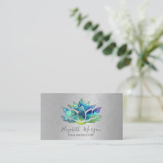 Elegant Colorful Lotus Silver Confetti Yoga Visitekaartje (Staand voorkant)