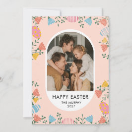 Elegant Colorful Oval Floral Easter Family Photo Feestdagenkaart