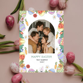 Elegant Colorful Oval Floral Easter Family Photo Feestdagenkaart