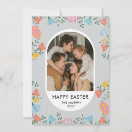 Elegant Colorful Oval Floral Easter Family Photo Feestdagenkaart