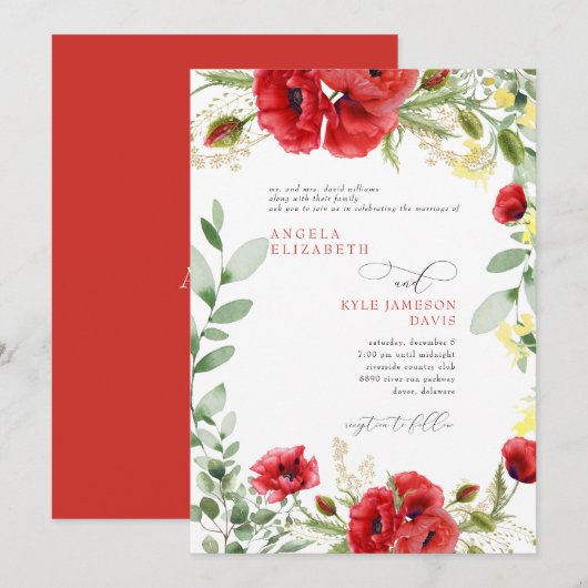Elegant Colorful Red Poppies Wedding Kaart (Voorkant / Achterkant)