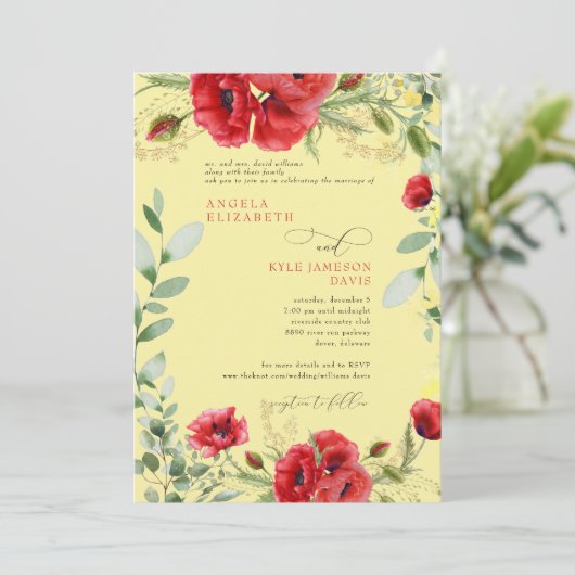 Elegant Colorful Red Poppies Yellow Weddenschap Kaart (Staand voorkant)