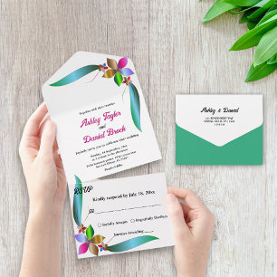 Elegant Colorful Roos Shiny Modern Floral Wedding All In One Uitnodiging