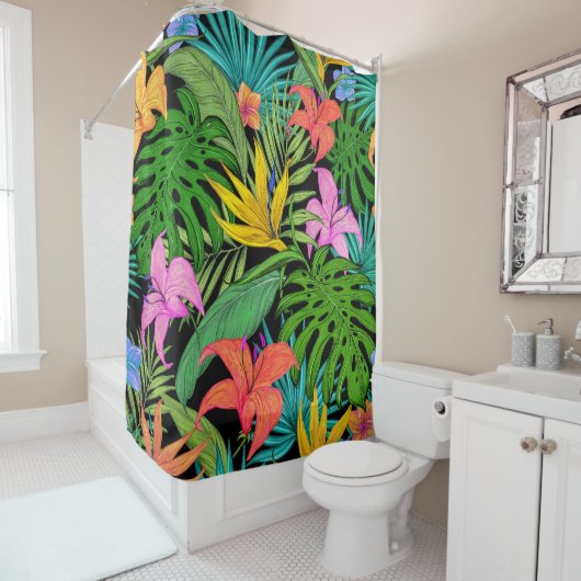 Elegant Colorful Summer Tropical Floral Leaves | Douchegordijn (In situ)