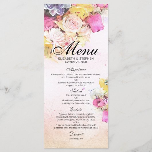 Elegant Colorful Waterverf Flowers Wedding Menu (Voorkant)